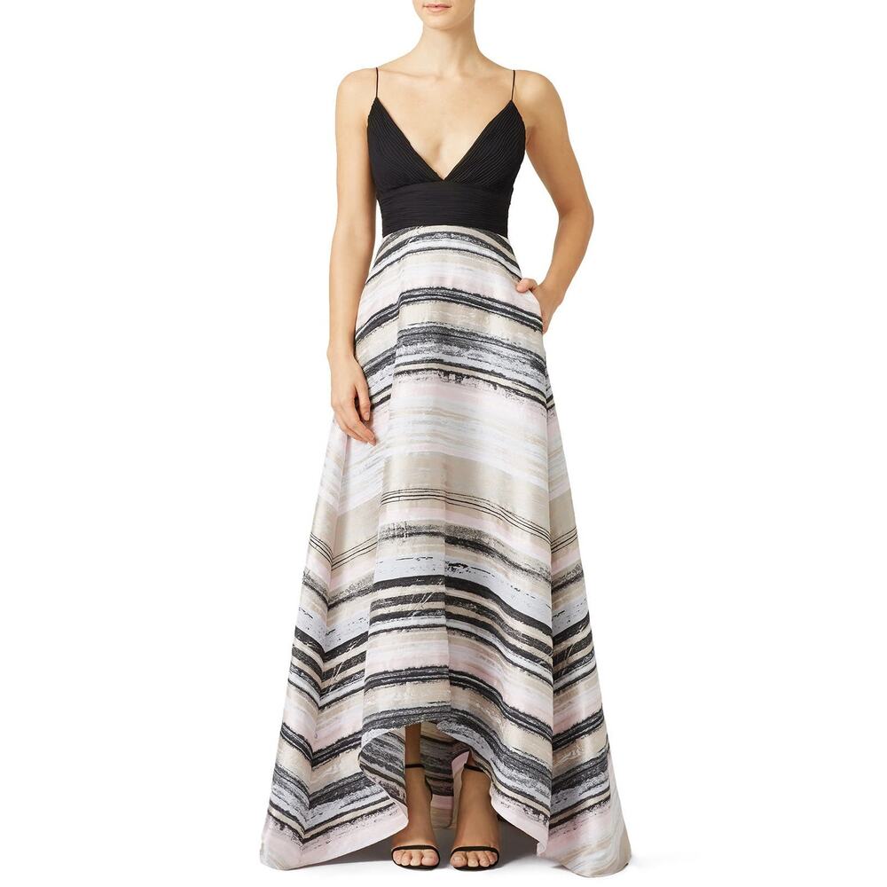 Badgley Mischka Neutral Black Striped Sleeveless V-Neck Hi-Low Gown Size 2